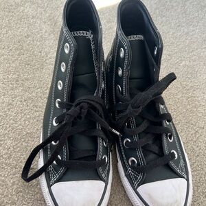 Kids Black Leather High-Top Canvas Sneakers with White Toe
